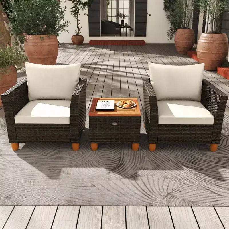 Costway Ensemble de Meubles de Bistro 3 Pièces en Rotin pour Patio Extérieur Table en Bois Canapé Rembourré Gris/Noir/Beige/Bleu Marine