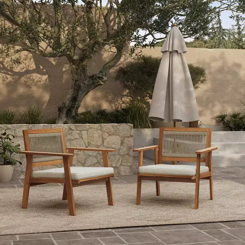 Fauteuils d'extérieur LuxenHome en bois d'acacia et corde tressée avec coussins, lot de 2