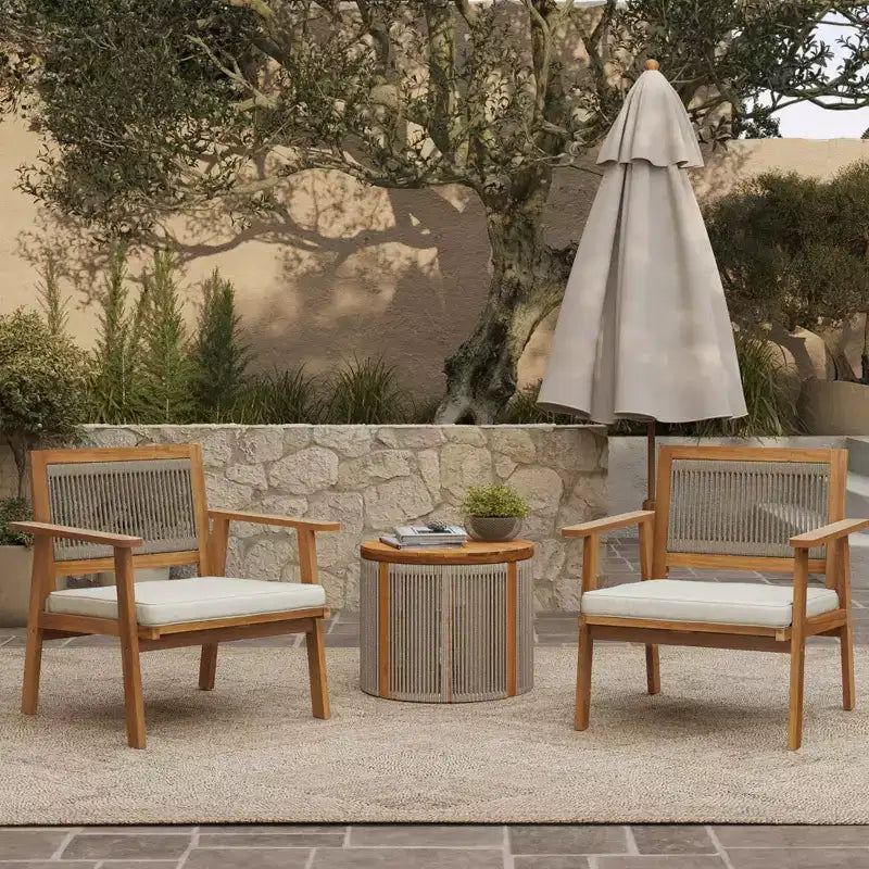 Fauteuils d'extérieur LuxenHome en bois d'acacia et corde tressée avec coussins, lot de 2