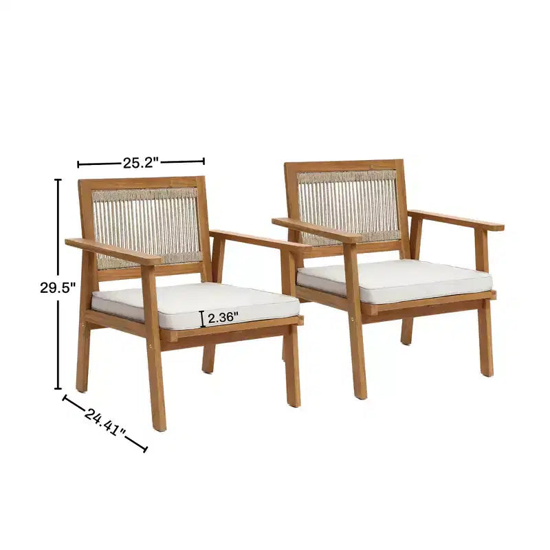Fauteuils d'extérieur LuxenHome en bois d'acacia et corde tressée avec coussins, lot de 2