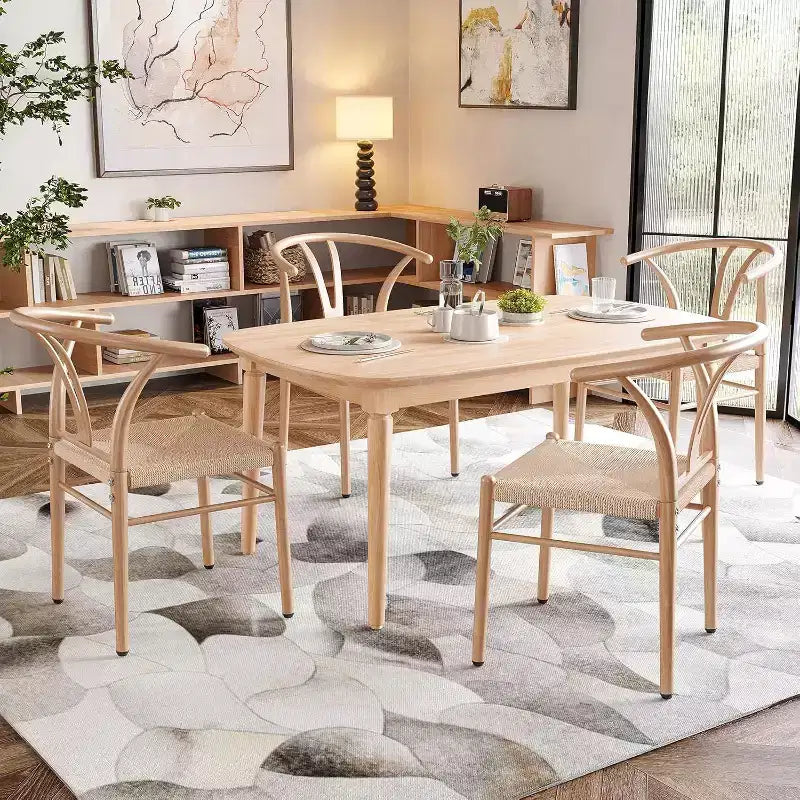 Natural Metal Rattan Dining Room Chair, Set of 2, Woven Seat with Metal Frame