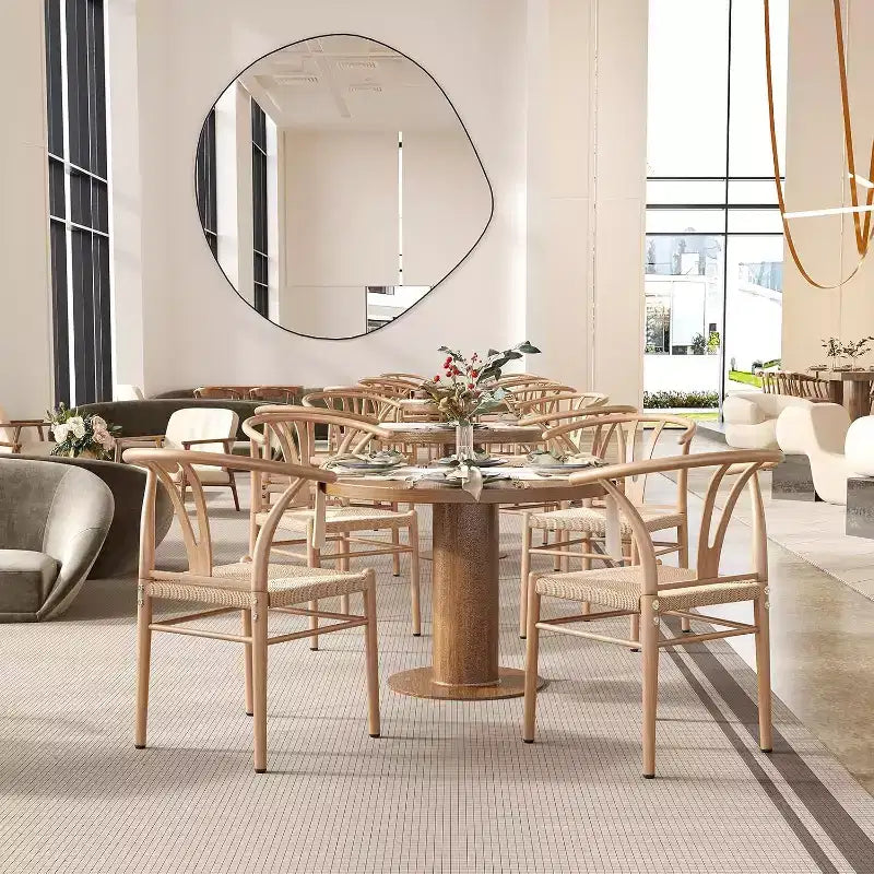 Natural Metal Rattan Dining Room Chair, Set of 2, Woven Seat with Metal Frame