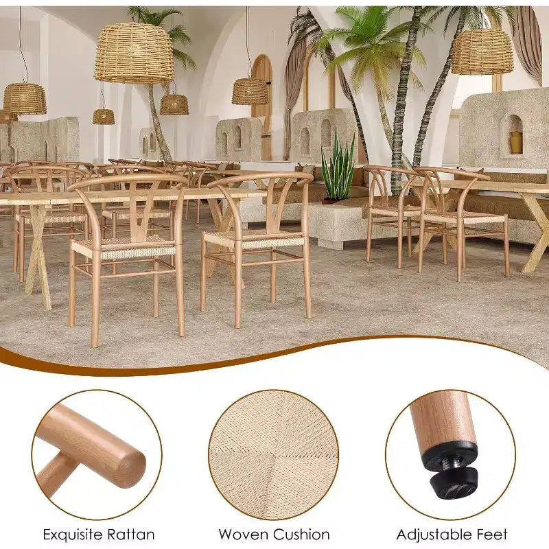 Natural Metal Rattan Dining Room Chair, Set of 2, Woven Seat with Metal Frame