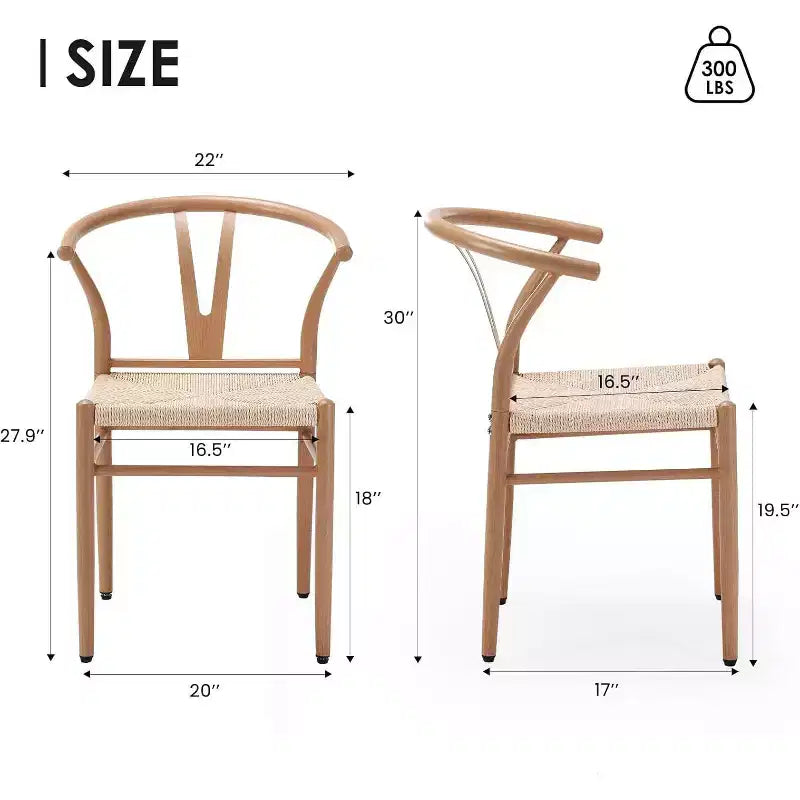 Natural Metal Rattan Dining Room Chair, Set of 2, Woven Seat with Metal Frame