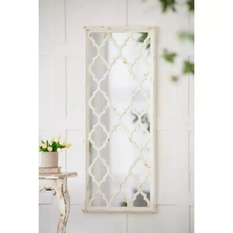 28x59 Glister Rectangular Mirror with Distressed White Frame with Decorative Window Look, Vertical or Horizontal