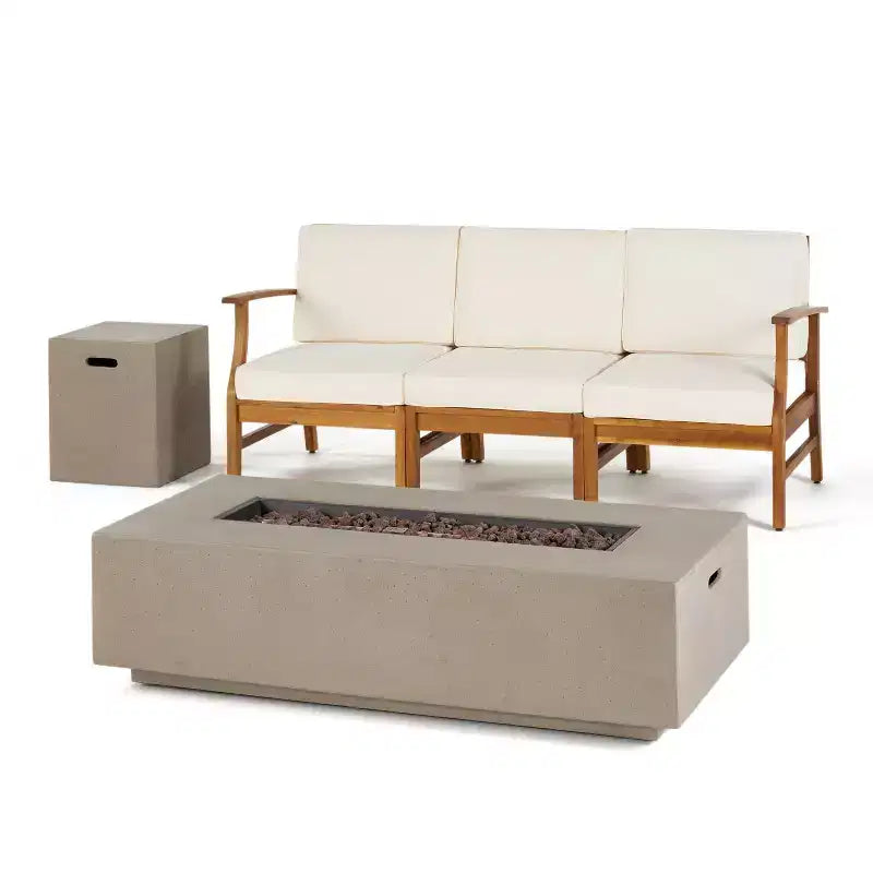 GDFStudio Abena Canapé d'extérieur 3 places en bois d'acacia avec foyer de 50 000 BTU