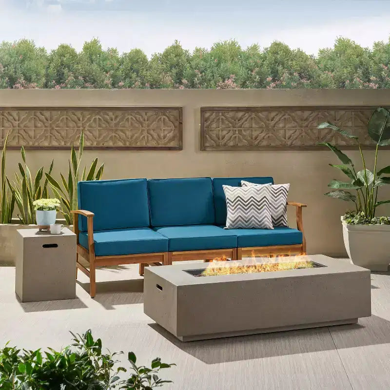 GDFStudio Abena Outdoor Acacia Wood 3 Seater Sofa with 50,000 BTU Fire Pit