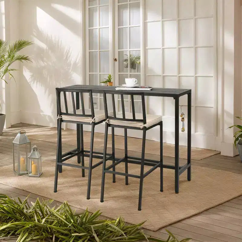 Karl Home Black Steel Frame 3-Piece Metal Rectangular Outdoor Serving Bar Set with Beige Cushions