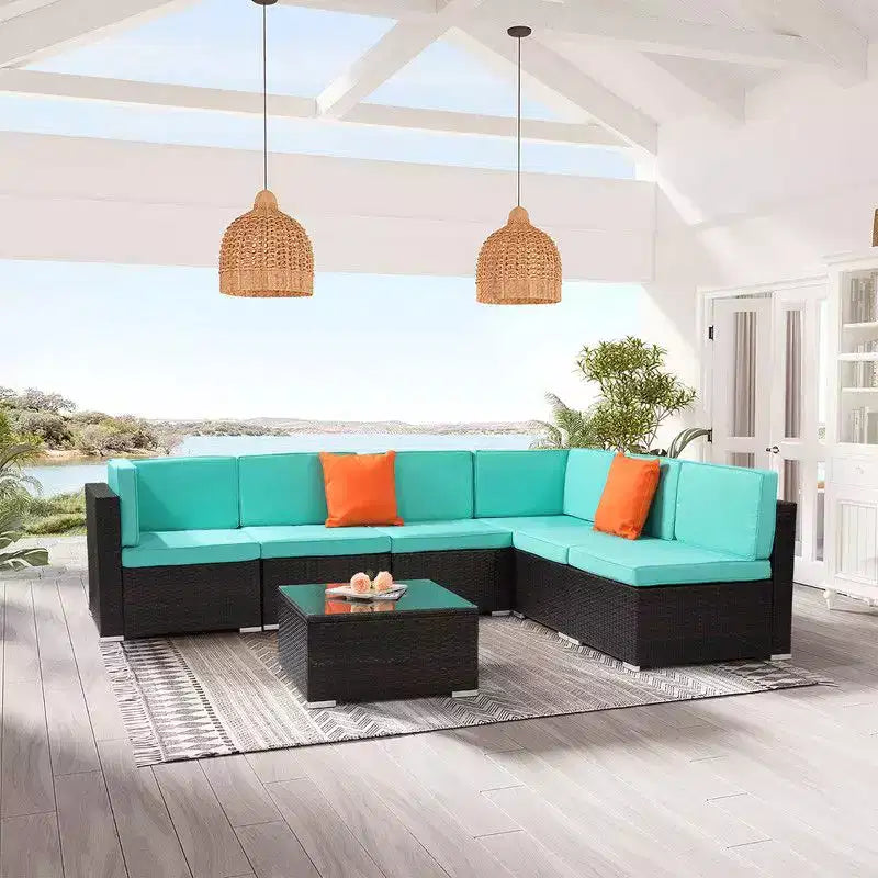 Karl Home Brown 7-Piece Wicker Sectional Set with Lake Blue Cushions