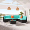 Karl Home Brown 7-Piece Wicker Sectional Set with Lake Blue Cushions