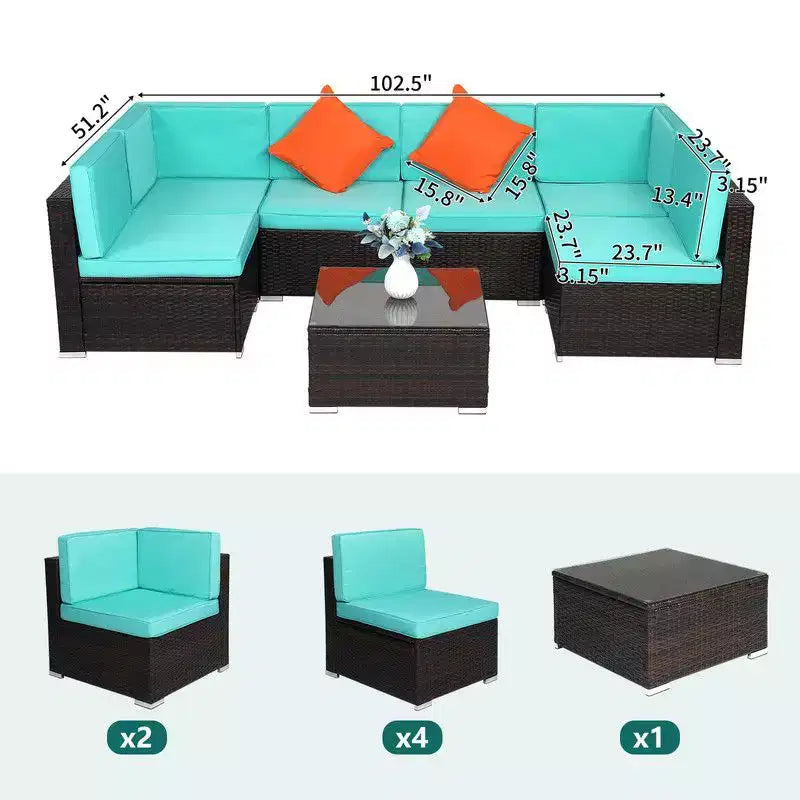 Ensemble de sectionnel 7 pièces en osier Karl Home Brown avec coussins bleu lac