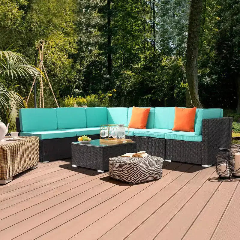 Ensemble de sectionnel 7 pièces en osier Karl Home Brown avec coussins bleu lac
