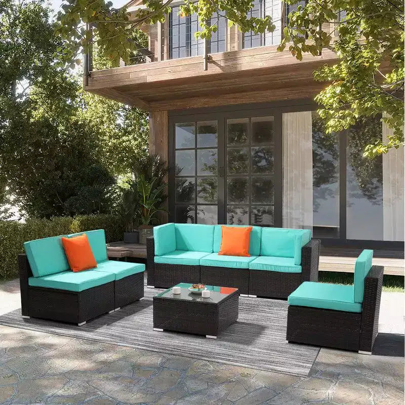 Ensemble de sectionnel 7 pièces en osier Karl Home Brown avec coussins bleu lac