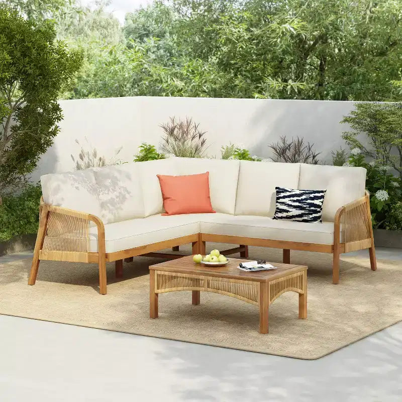Christopher Knight Home Doretta Outdoor Acacia Wood and Rattan L Shape 5 Seater Seating Set with Cushions