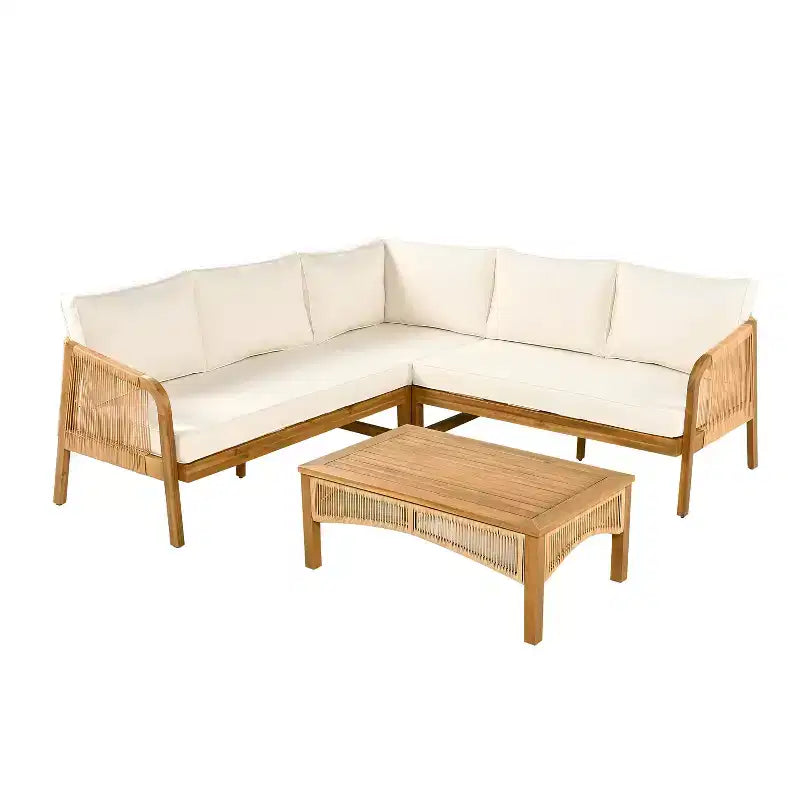 Christopher Knight Home Doretta Ensemble de sièges d'extérieur 5 places en forme de L en bois d'acacia et rotin avec coussins