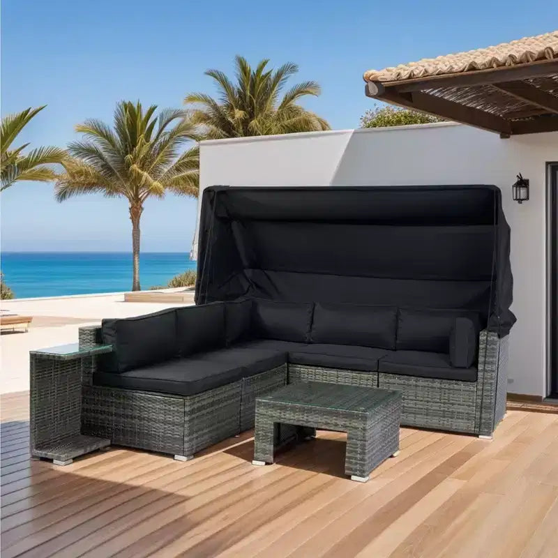 Whisen 7-Piece Wicker Rattan Patio Sectional Set with Retractable Canopy & Washable Cushions
