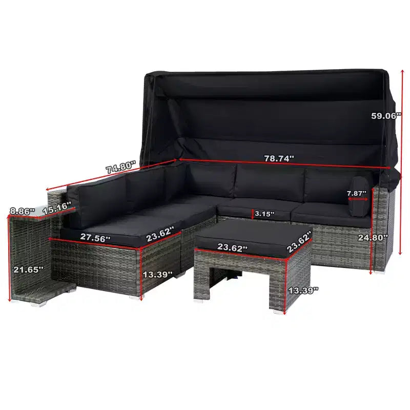 Ensemble de canapé d'angle de jardin 7 places en rotin Whisen avec auvent rétractable et coussins lavables