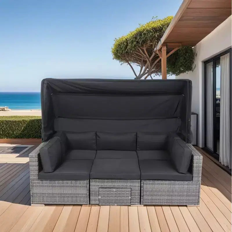 Ensemble de canapé d'angle de jardin 7 places en rotin Whisen avec auvent rétractable et coussins lavables