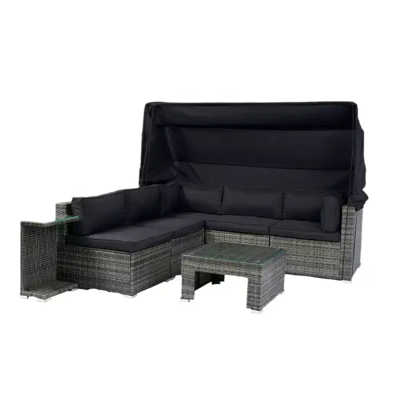 Ensemble de canapé d'angle de jardin 7 places en rotin Whisen avec auvent rétractable et coussins lavables