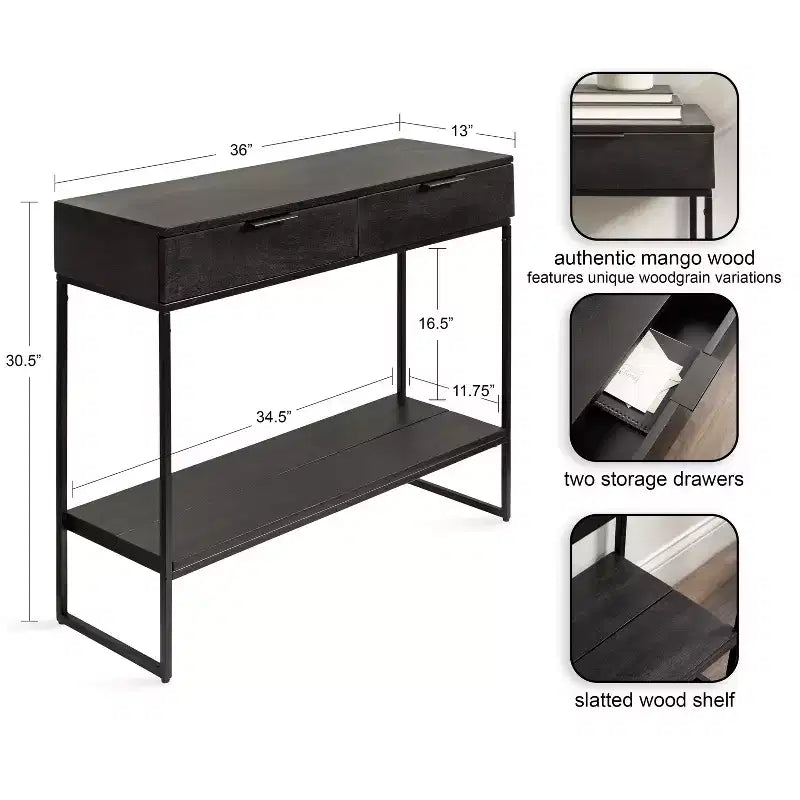 Wood and Metal Console Table, 36"x13"x31", Black, Modern Entryway or Sofa Table