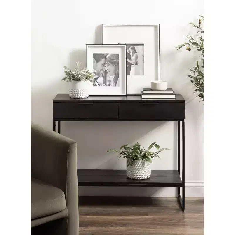 Wood and Metal Console Table, 36"x13"x31", Black, Modern Entryway or Sofa Table