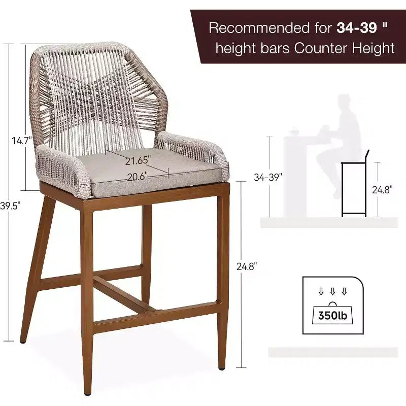 Tabourets de bar en rotin, lot de 2 chaises de bar d'extérieur avec dossier et cadre en aluminium, finition naturelle