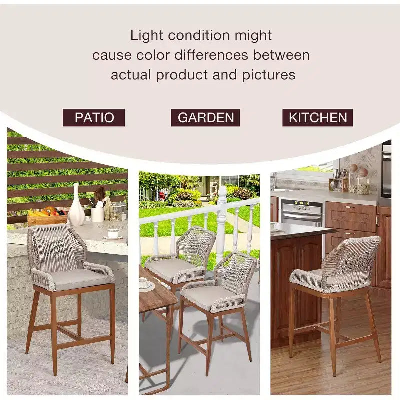 Tabourets de bar en rotin, lot de 2 chaises de bar d'extérieur avec dossier et cadre en aluminium, finition naturelle