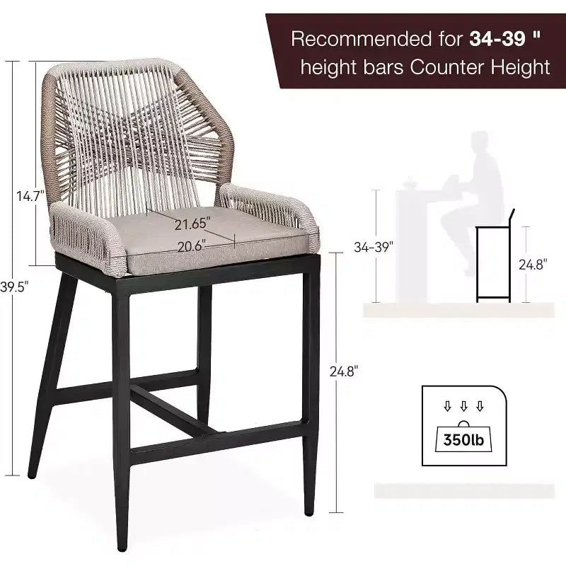 Tabourets de bar en rotin, lot de 2 chaises de bar d'extérieur avec dossier et cadre en aluminium, finition naturelle