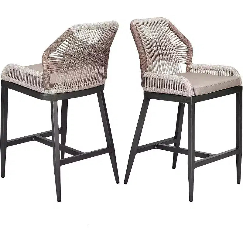 Rattan Counter Stools, Set of 2 Outdoor Bar Chairs with Backrest and Aluminum Frame, Natural Finish