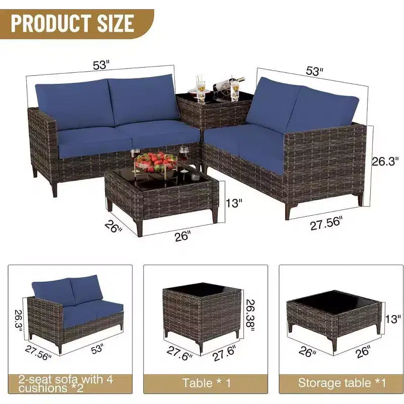 Ensemble de patio extérieur 4 pièces, mobilier sectionnel en rotin osier avec coffre de rangement et table en verre pour la cour arrière