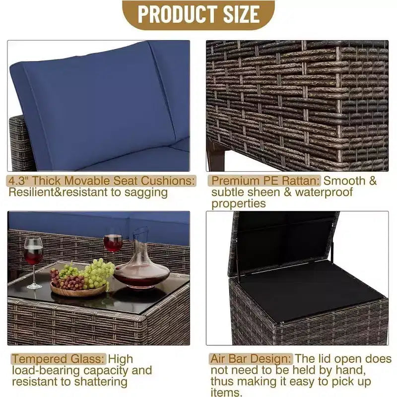 Ensemble de patio extérieur 4 pièces, mobilier sectionnel en rotin osier avec coffre de rangement et table en verre pour la cour arrière