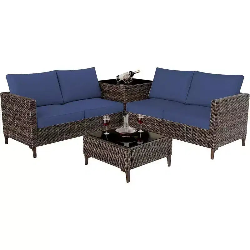 Ensemble de patio extérieur 4 pièces, mobilier sectionnel en rotin osier avec coffre de rangement et table en verre pour la cour arrière