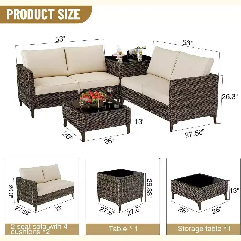 Ensemble de patio extérieur 4 pièces, mobilier sectionnel en rotin osier avec coffre de rangement et table en verre pour la cour arrière