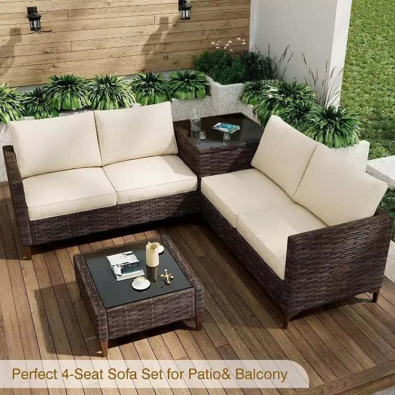 Ensemble de patio extérieur 4 pièces, mobilier sectionnel en rotin osier avec coffre de rangement et table en verre pour la cour arrière