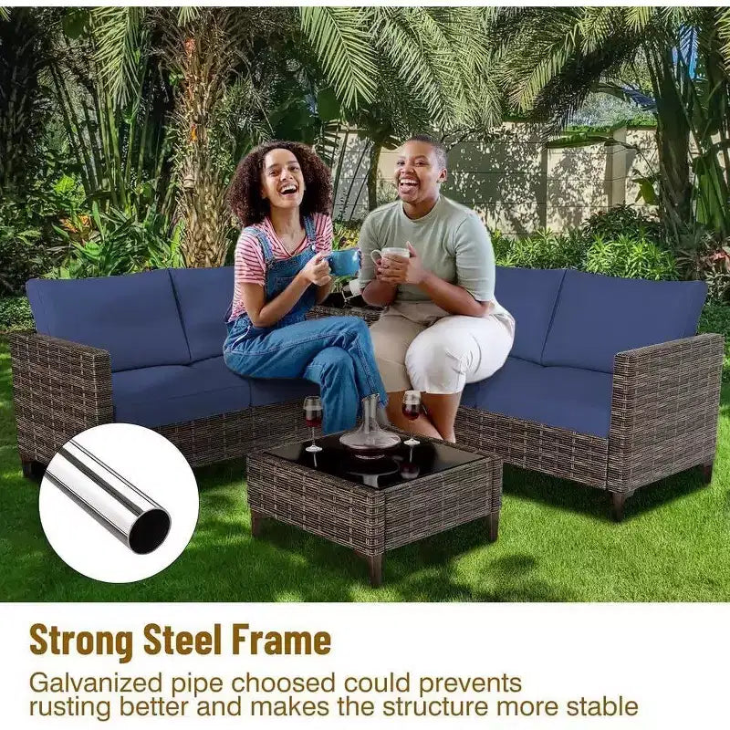 Ensemble de patio extérieur 4 pièces, mobilier sectionnel en rotin osier avec coffre de rangement et table en verre pour la cour arrière