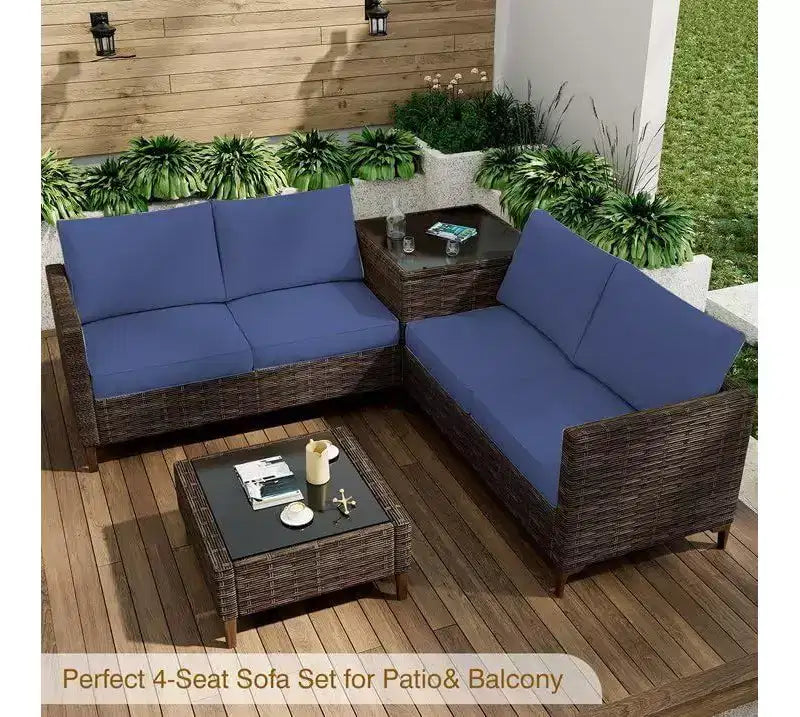 Ensemble de patio extérieur 4 pièces, mobilier sectionnel en rotin osier avec coffre de rangement et table en verre pour la cour arrière