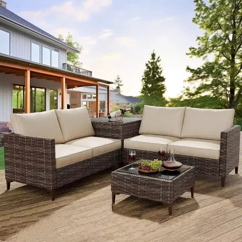 4-Piece Outdoor Patio Set, Rattan Wicker Sectional Furniture with Storage Box and Glass Top Table for Backyard