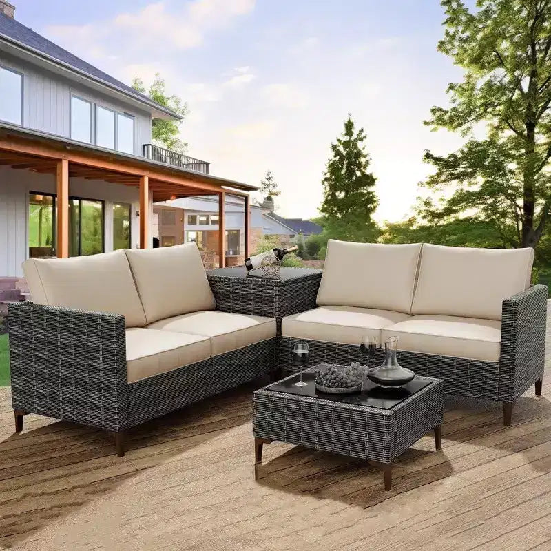 Ensemble de patio extérieur 4 pièces, mobilier sectionnel en rotin osier avec coffre de rangement et table en verre pour la cour arrière