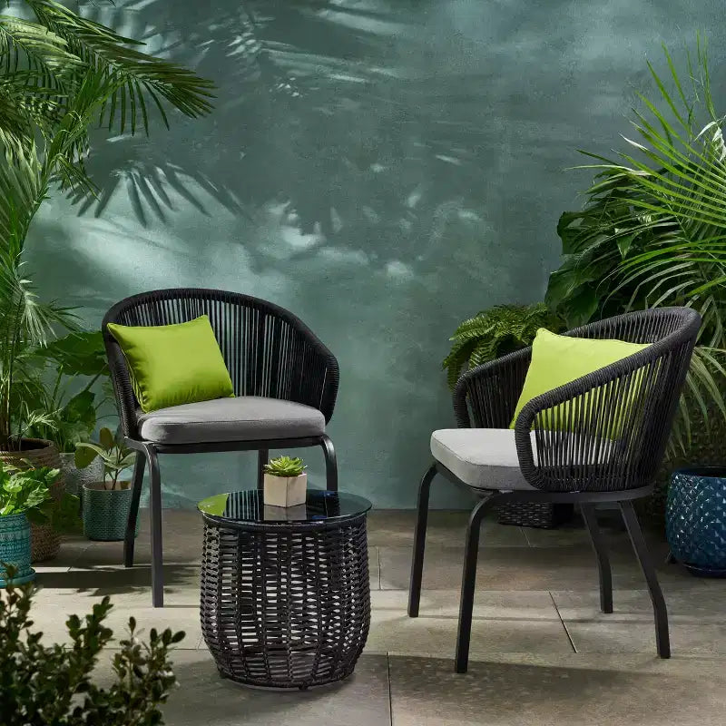 Christopher Knight Home Boynton Outdoor Rope and Iron 3 Piece Chat Set with Cushion, Black/Gray