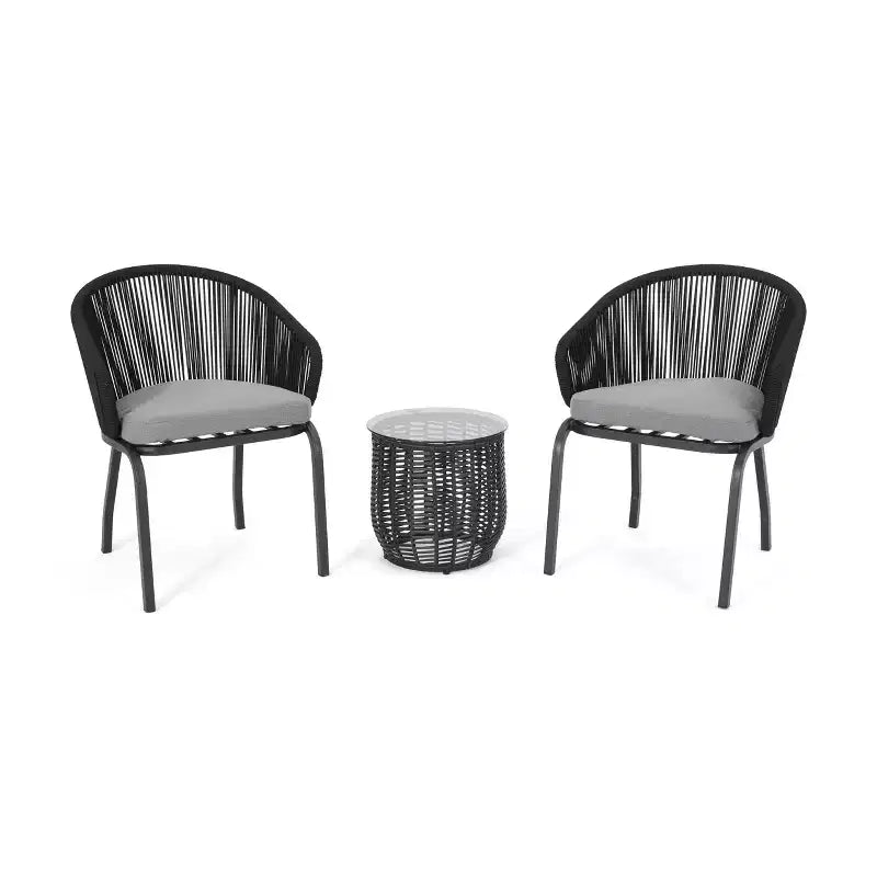 Christopher Knight Home Boynton Ensemble de conversation 3 pièces d'extérieur en corde et fer avec coussin, Noir/Gris