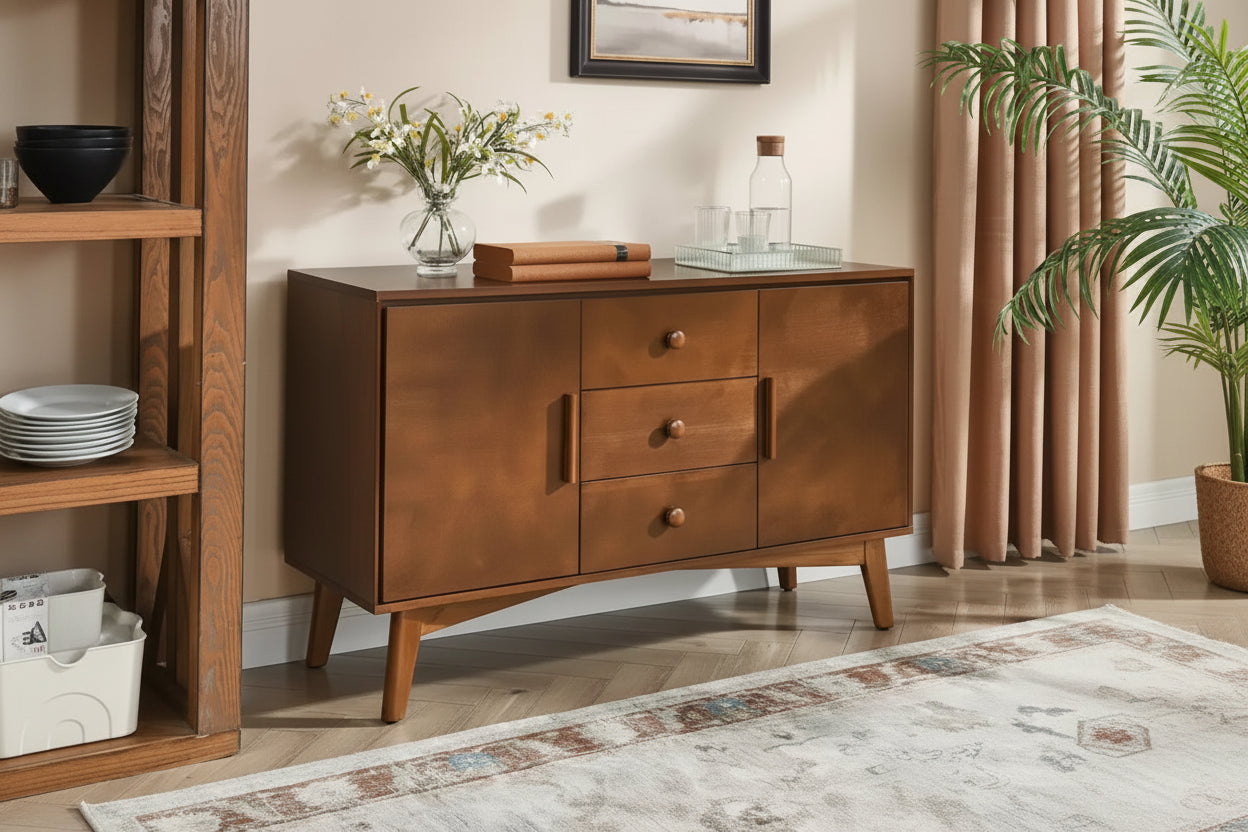 GDFStudio Sigrid Mid Century Modern 47.3 Wood Storage Sideboard with 2 Doors and 3 Drawers