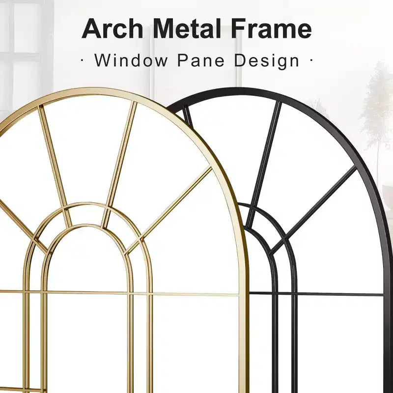 Golden Grid Wall Mirror with Right Angle Double Arch, Iron Art Design