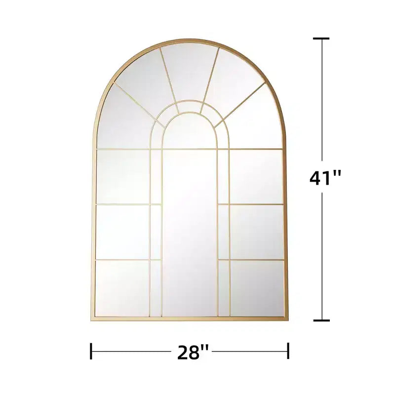 Golden Grid Wall Mirror with Right Angle Double Arch, Iron Art Design