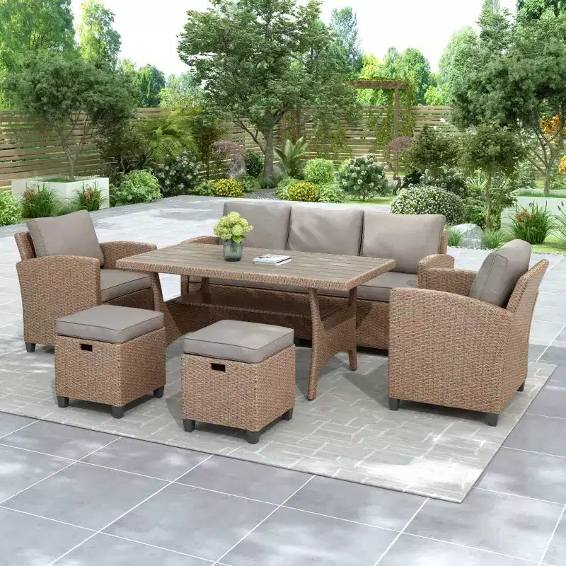 Chic Crate-Rustic Outdoor Wicker Set  6-Piece Patio Furniture w/ Rattan Sofa, Chairs & Table | Natural Finish | Multi-Room