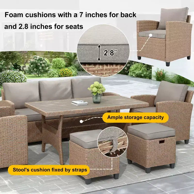 Chic Crate – Salon de jardin rustique en osier 6 pièces avec canapé, chaises et table en rotin | Finition naturelle | Multi-pièces