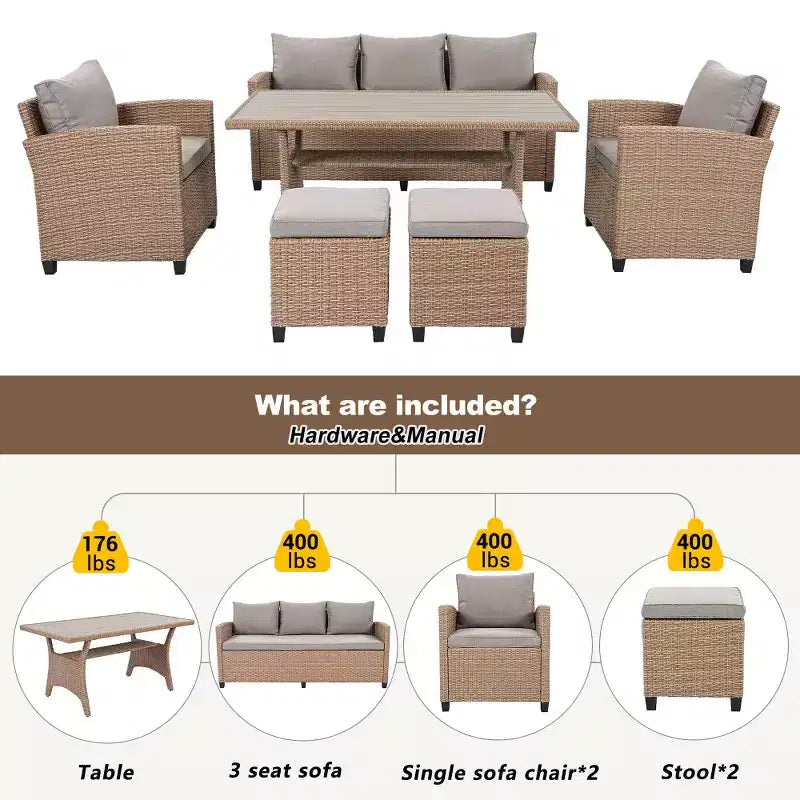 Chic Crate – Salon de jardin rustique en osier 6 pièces avec canapé, chaises et table en rotin | Finition naturelle | Multi-pièces