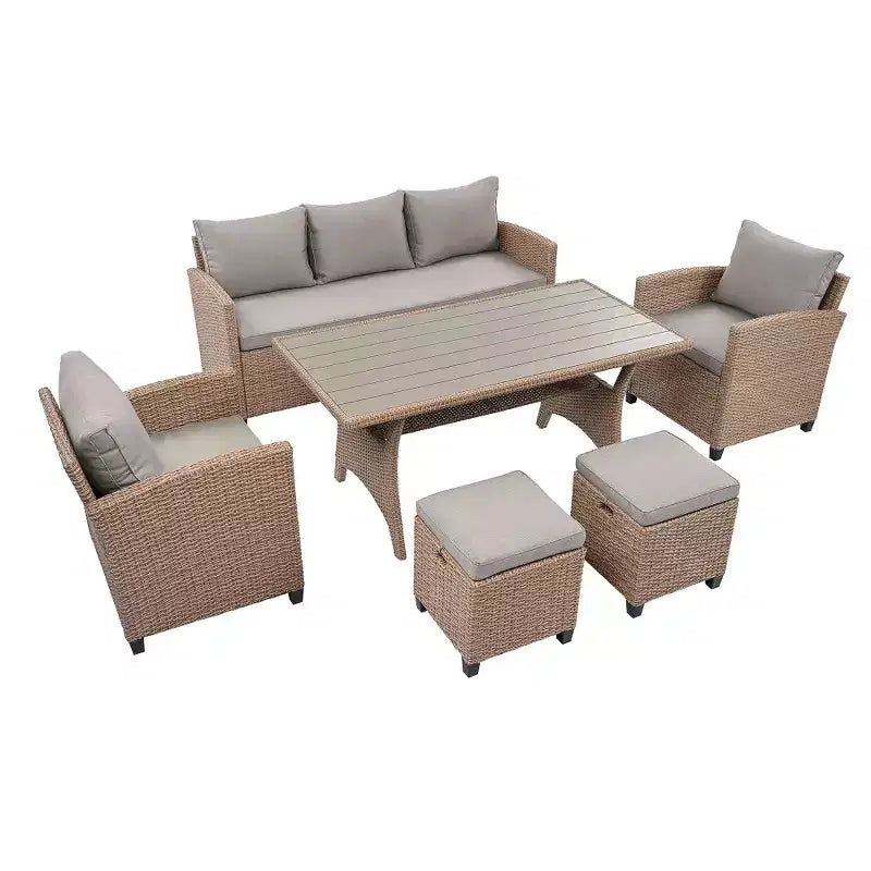 Chic Crate – Salon de jardin rustique en osier 6 pièces avec canapé, chaises et table en rotin | Finition naturelle | Multi-pièces