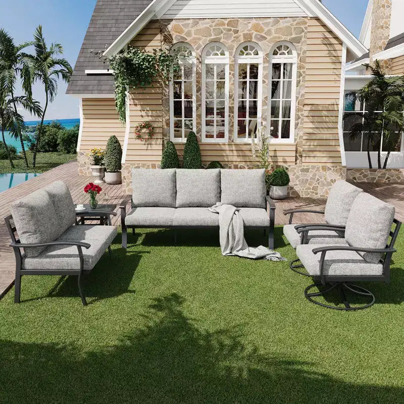 Ensemble de conversation d'extérieur 5 pièces en métal EROMMY avec fauteuils à bascule pivotants à 360°, canapé, causeuse et table basse pour patio, jardin, terrasse ou piscine