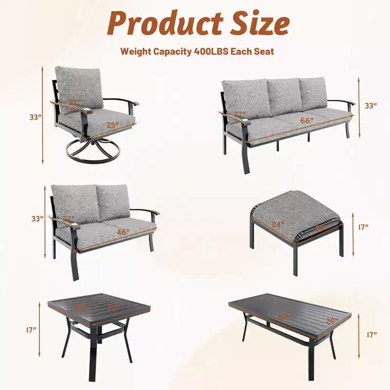 Ensemble de conversation d'extérieur 5 pièces en métal EROMMY avec fauteuils à bascule pivotants à 360°, canapé, causeuse et table basse pour patio, jardin, terrasse ou piscine