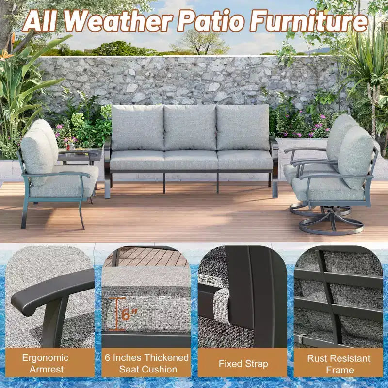 Ensemble de conversation d'extérieur 5 pièces en métal EROMMY avec fauteuils à bascule pivotants à 360°, canapé, causeuse et table basse pour patio, jardin, terrasse ou piscine